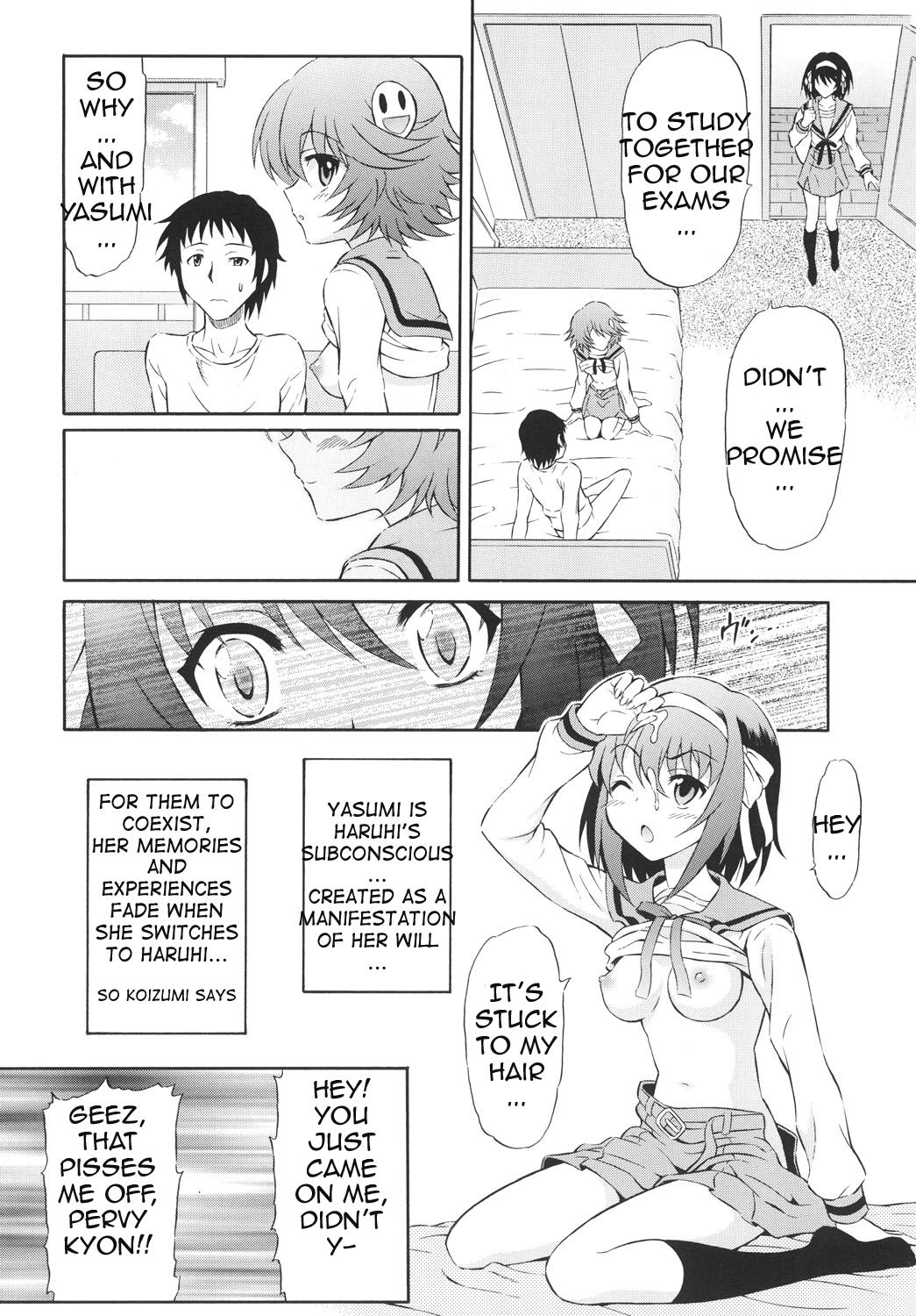 Asses Kyougaku Haruhi to Yasumi to Kyon | Suzumiya Haruhi, Yasumi, and Kyon - The melancholy of haruhi suzumiya Spreadeagle - Page 6